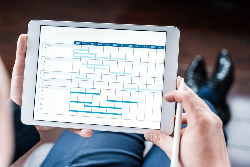 Working businessman,investor,trader.Financial report,presenatation in tablet.Diagram,gantt chart, an