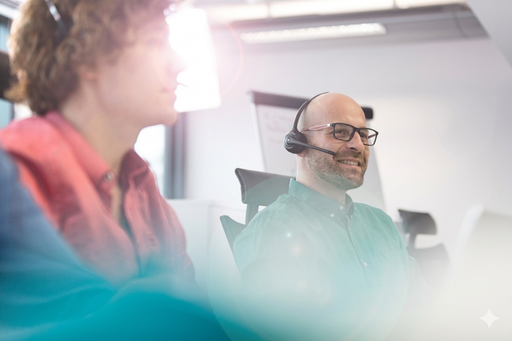 Tecnico con cuffie fornisce assistenza tecnica PC e smartphone in un servizio di gestione dei dispositivi mobili come servizio