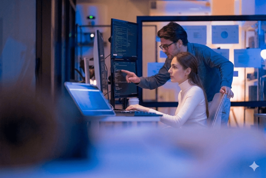 Tecnici IT al lavoro su PC aziendali con managed services e servizi gestiti per le postazioni di lavoro.