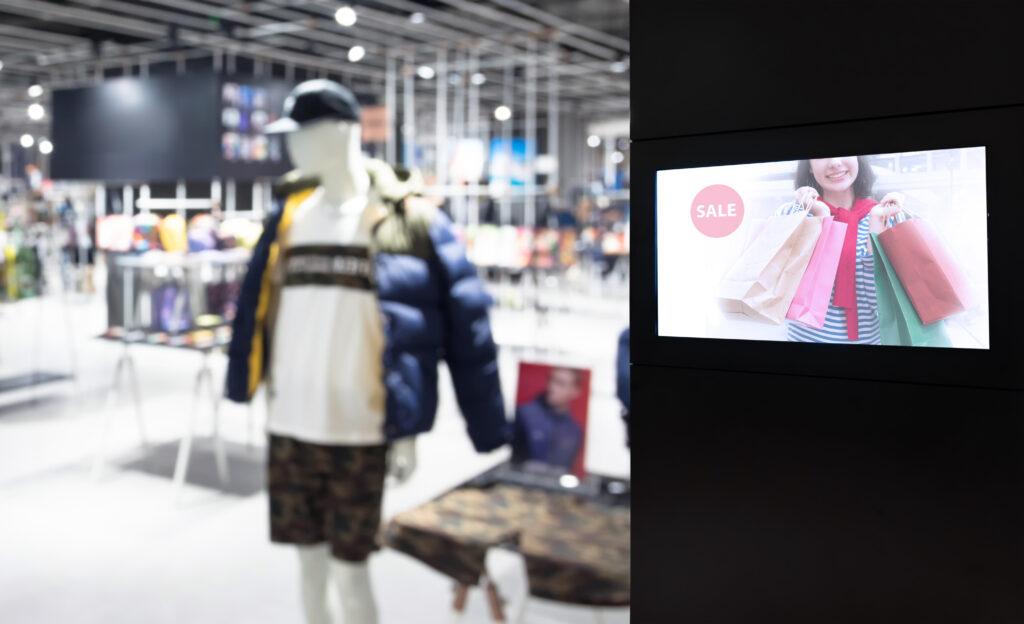 Sistema digital signage in ambiente retail con totem multimediale per promozioni e comunicazione in-store.