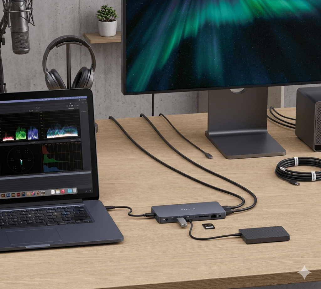 Laptop collegato a docking station con monitor e periferiche per una postazione di lavoro completa