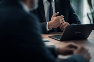 Professionisti in riunione con laptop in ufficio e noleggio PC aziendali tramite DaaS device as a service