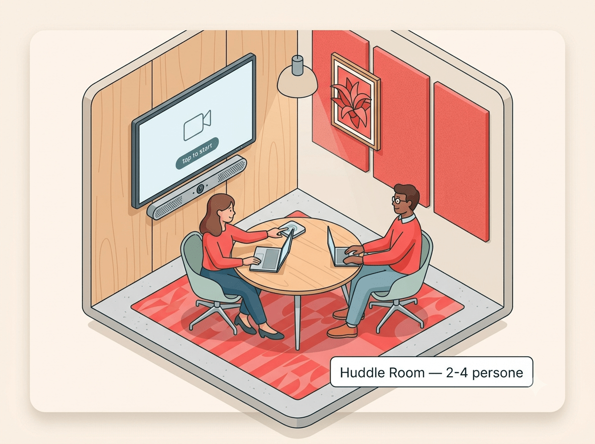 Illustrazione huddle room con schermo e soundbar all-in-one