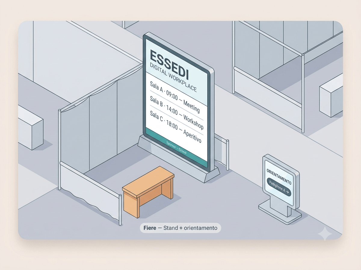 Illustrazione digital signage in stand fieristico