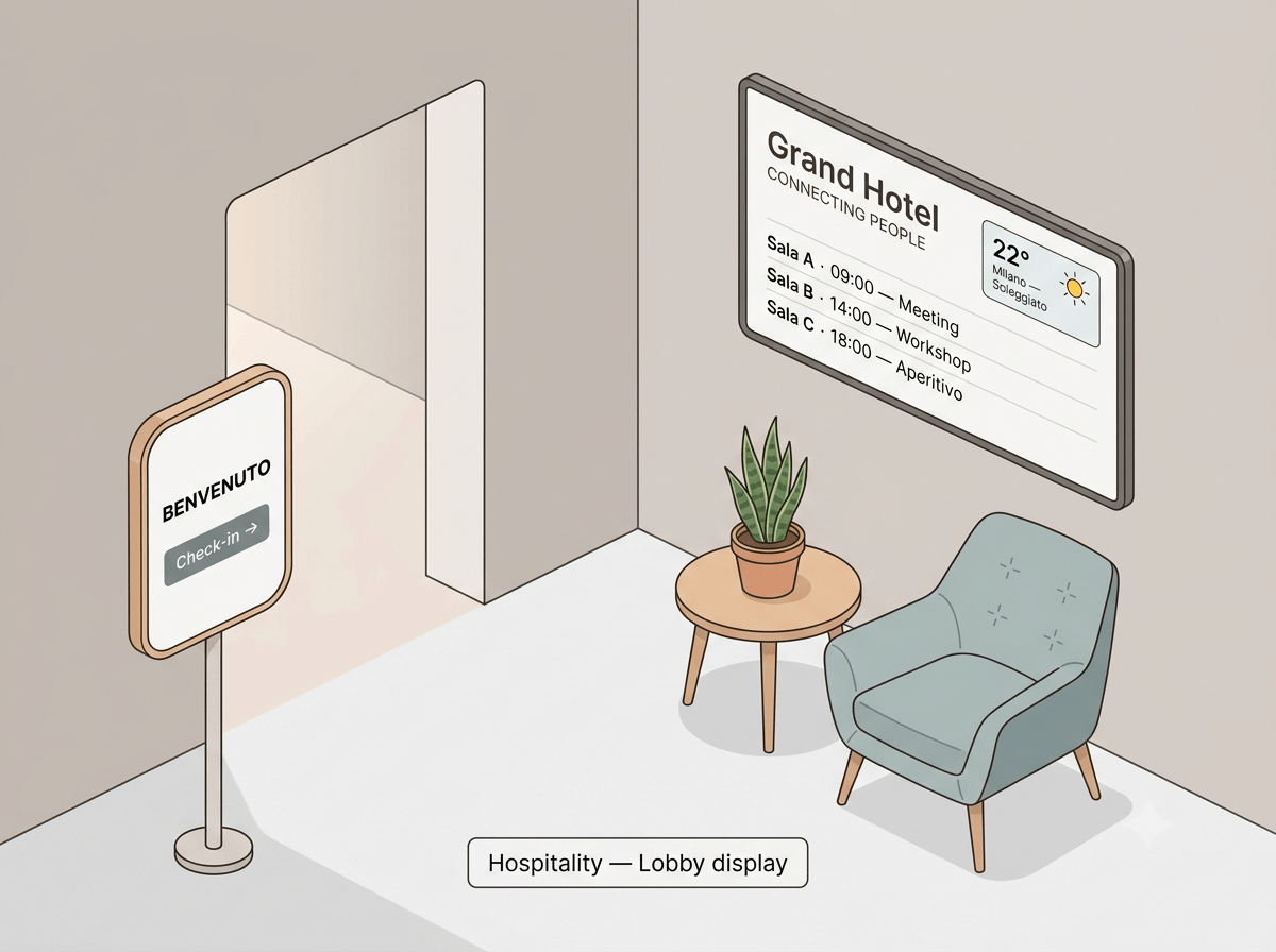 Illustrazione digital signage in ambiente hospitality