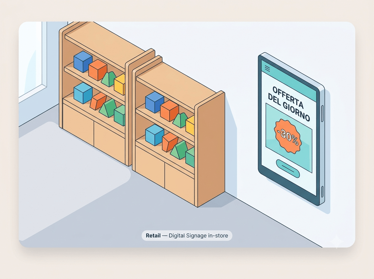 Illustrazione digital signage in ambiente retail