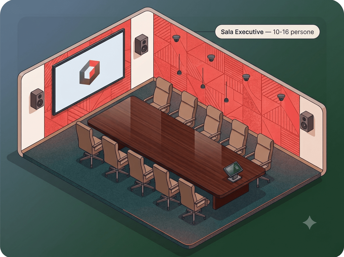 Illustrazione sala riunioni executive con videowall e sistema di controllo