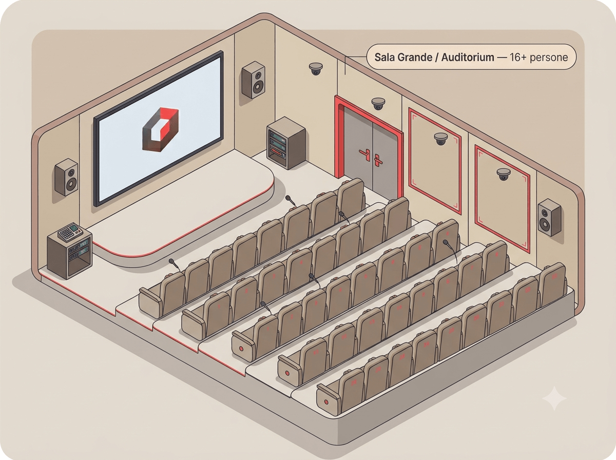 Illustrazione sala riunioni grande stile auditorium con proiettore e impianto audio