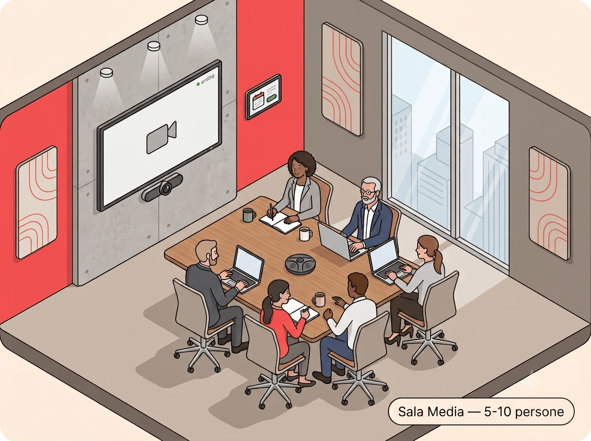Illustrazione sala riunioni media con display e telecamera dedicata