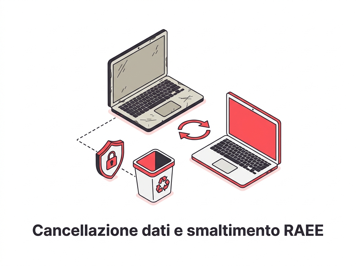 Illustrazione cancellazione dati e smaltimento RAEE dei dispositivi a fine ciclo