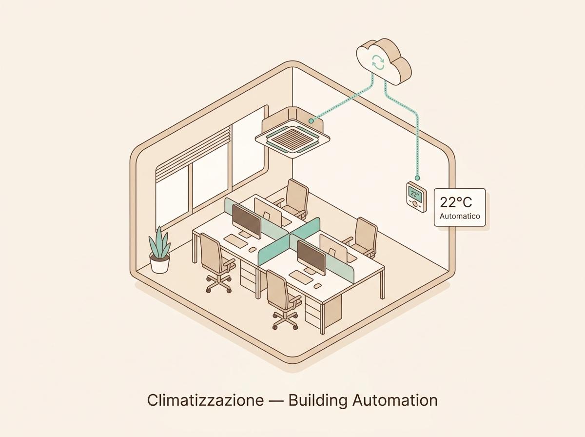 Illustrazione automazione climatizzazione HVAC in ufficio aziendale