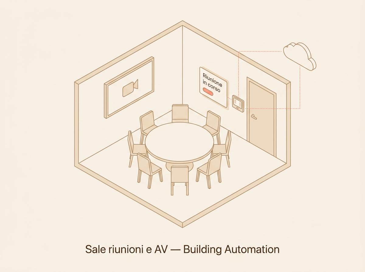 Illustrazione integrazione controllo AV sala riunioni con building automation