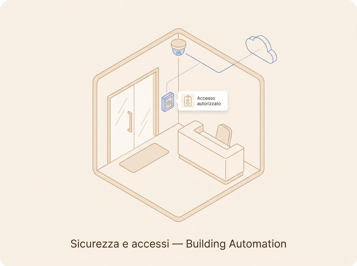 Illustrazione automazione sicurezza e controllo accessi in edificio aziendale
